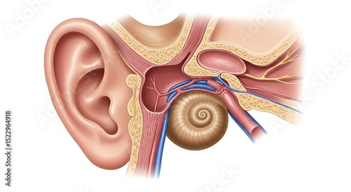 Human Ear Anatomy Detailed Illustration of Inner, Middle, and Outer Ear Structures