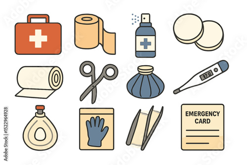 Essential first aid kit items and emergency preparedness supplies illustrated