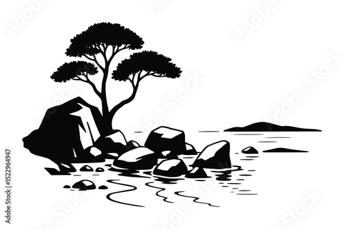Detailed vector illustration of a lakeside scene with a tree, rocks, and a serene water view.