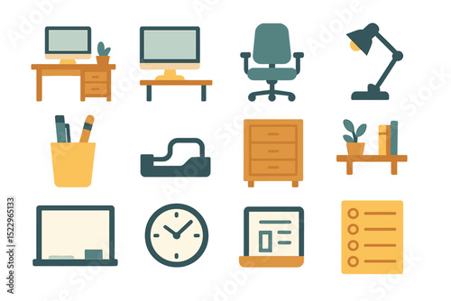 Colorful office icons: desk, chair, computer, lamp, shelf, and supplies