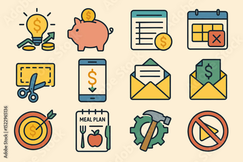 Financial planning icons set: budget, savings, payment, and meal plan symbols