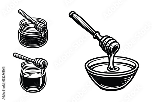 Monochrome vector illustration of honey dipper and bowl. Great for food related designs.