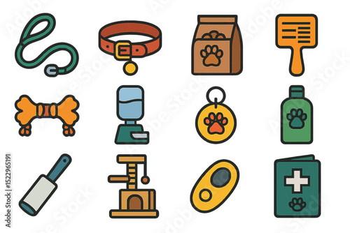 Colorful array of pet accessories and supplies on brown background