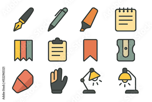 Colorful office and stationery icons on yellow background