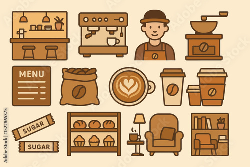 Coffee shop elements and decorations with barista and equipment
