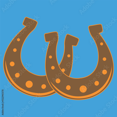 Horse shoes brown vector drawing on a blue background. A horseshoe for good luck, a festive symbol of Patrick's Day.