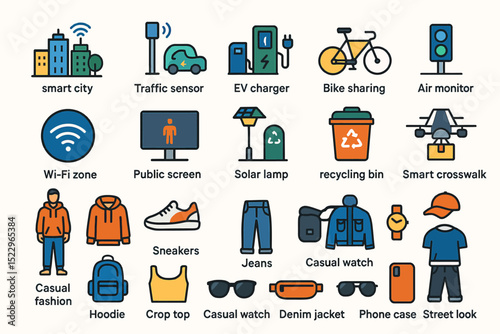 Smart city technology and urban lifestyle elements with icons and symbols