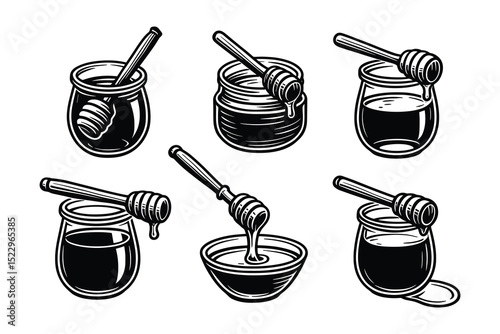 Monochrome vector illustration of honey jars and dippers. Great for food related designs.