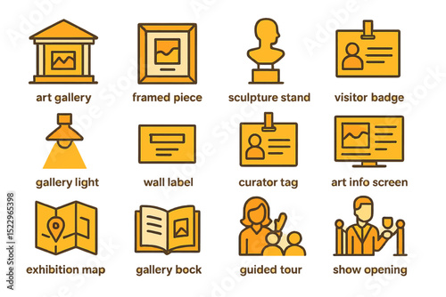 Art gallery icons: sculpture, framed art, visitor badge, guided tour, exhibition map