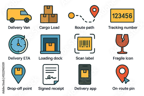 Delivery icons set with van, cargo, route, tracking, clock, and smartphone