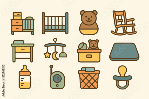 Colorful baby nursery essentials icons set featuring crib, toys, and accessories