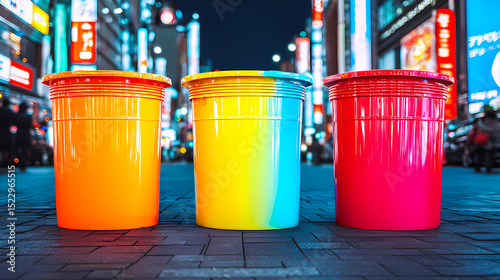 Three brightly colored trash bins stand on a city street at night, illuminated by vibrant neon lights.