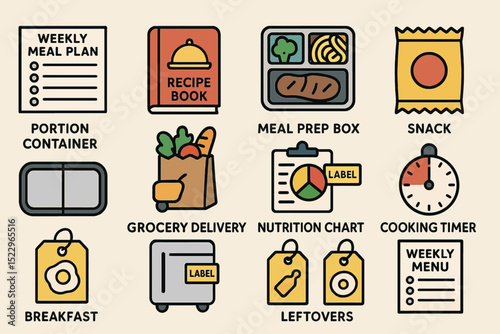Essential meal planning icons: nutrition, grocery, cooking, snack, breakfast