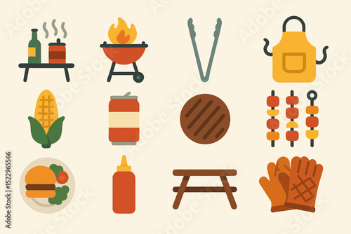 Barbecue essentials: grill, food, tools, and accessories icon set