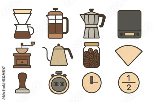 Coffee brewing essentials: icon set featuring tools and equipment for perfect brew