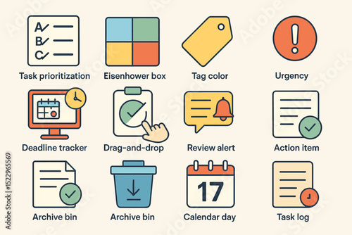 Productivity icons: task prioritization, eisenhower box, urgency alert, deadline tracker, calendar day
