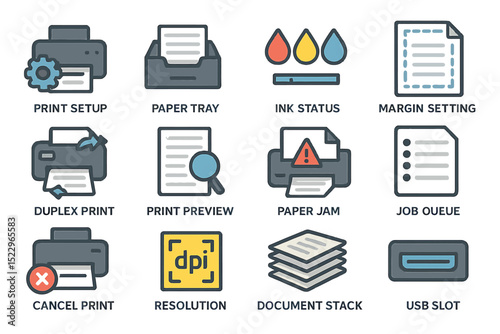 Printer icon set featuring paper, ink, and error indicators on gold background