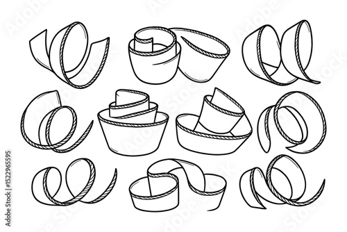 Detailed vector illustration of curled ribbon shapes for decoration and design in monochrome.