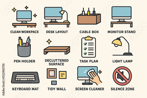 Clean workspace essentials: organized desk, monitor stand, cable box, pen holder, and more