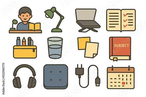 Illustrated desk items for student study with book, laptop, and stationery