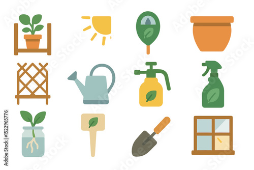 Colorful gardening icons: tools and symbols for plant care and growth