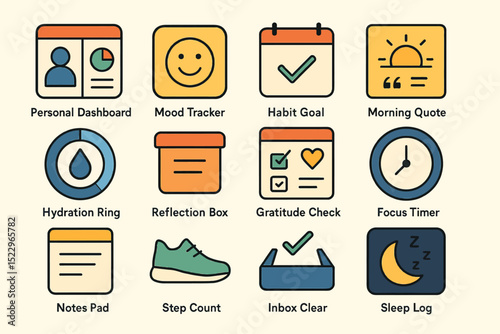 Colorful productivity app icons for personal organization and wellbeing