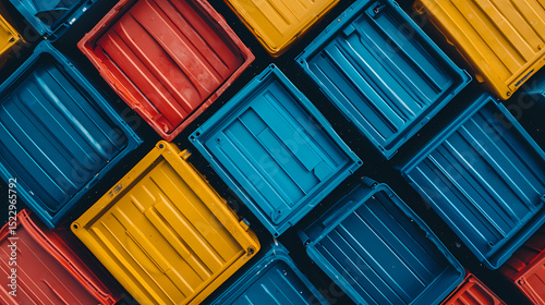 Colorful plastic crates arranged in a geometric, top-down pattern with red, yellow, and blue tones.