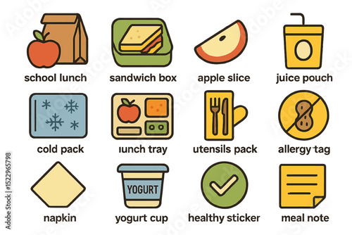 Colorful school lunch icons: sandwich, apple, juice, tray, yogurt, healthy choices