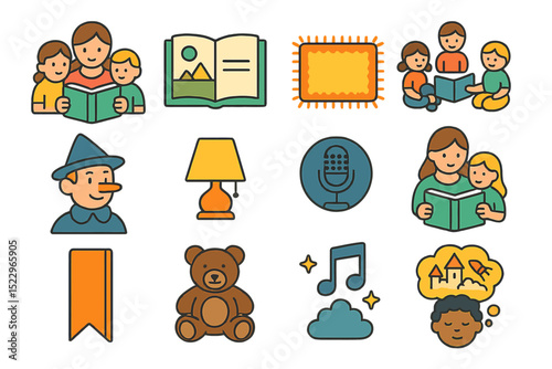 Colorful storytime and reading icons with family and books