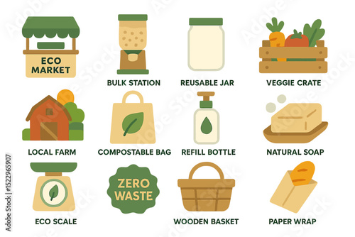 Eco-friendly icons: zero waste practices and sustainable living symbols