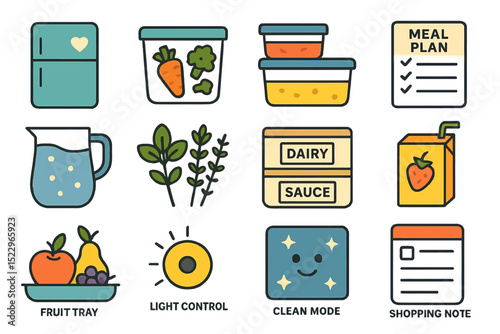 Colorful kitchen icons featuring food storage and meal planning essentials