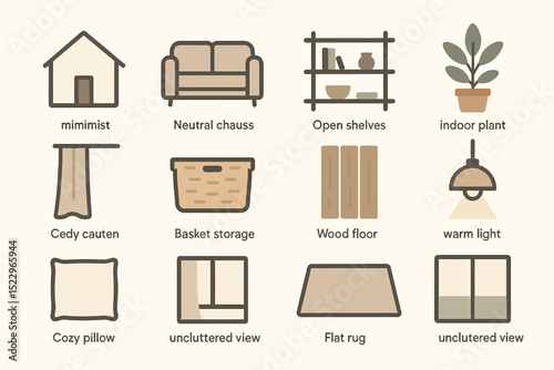 Minimalist home icons: furniture, storage, decor, and lighting concepts