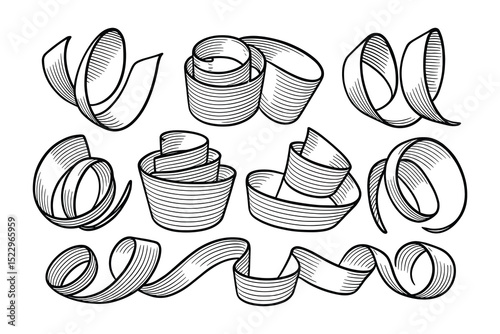 Detailed vector illustration of curled ribbon shapes with hatching for decoration design.