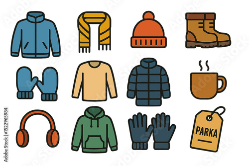Winter clothing icons set: jackets, scarves, hats, gloves, mugs, and headphones