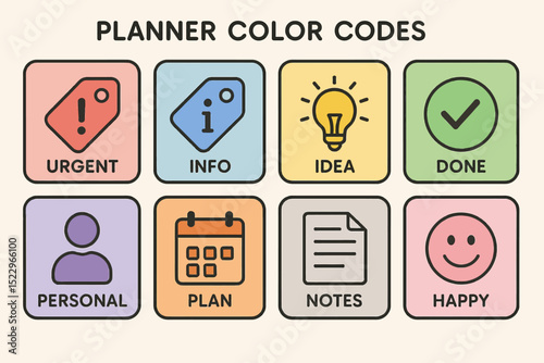 Color-coded planner icons: urgent, info, idea, done, personal, plan, notes, happy