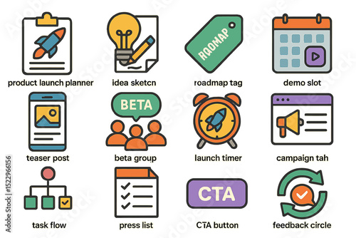 Set of colorful icons for product launch and marketing strategies