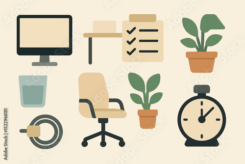 Office supplies and furniture - desk, chair, plants, monitor, timer, clipboard
