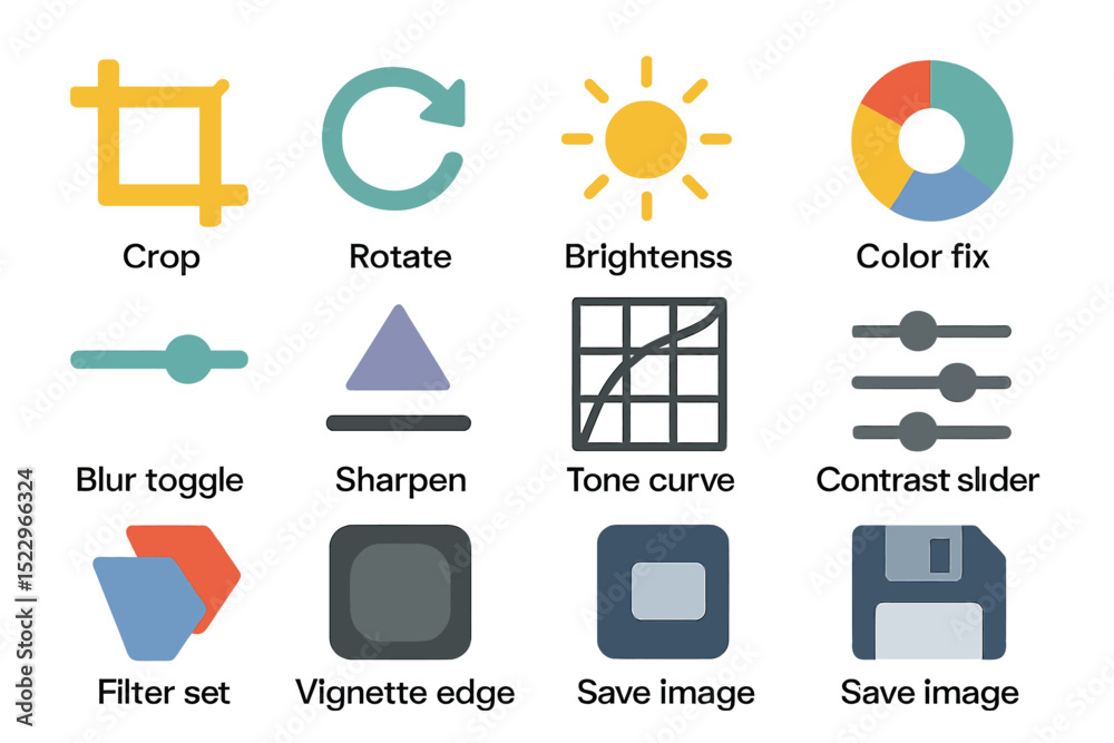 Image editing tool icons: crop, rotate, brightness, color fix, blur toggle, sharpen, tone curve, contrast slider