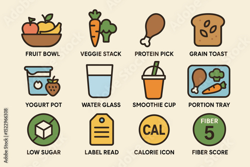 Healthy food and drink icons: fruit, veggie, protein choices, and nutritional info