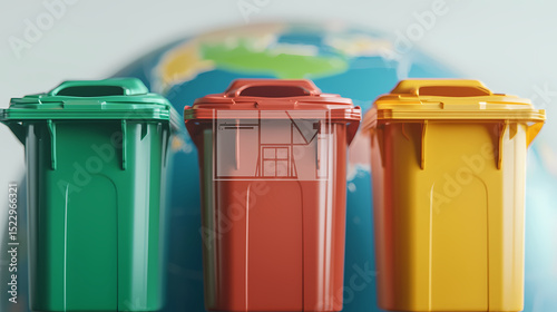 Three colored recycling bins stand in front of a blurred globe, symbolizing global waste management and environmental awareness.