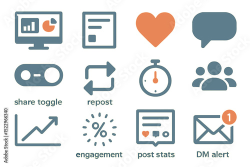 App interface icons: analytics, communication, and engagement elements