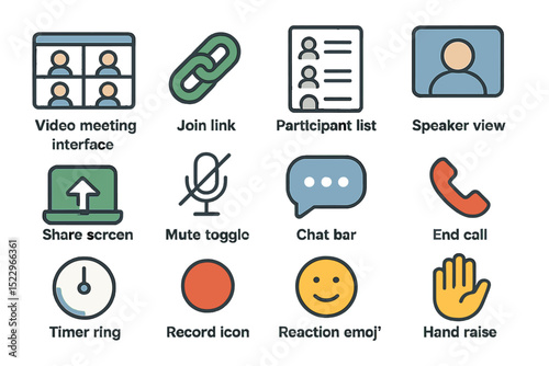 Colorful video meeting icons: interface, speaker, chat, share screen, reactions