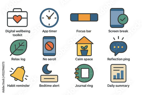 Digital wellbeing toolkit icons for mindful technology use and productivity