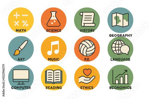 Educational subjects icons: math, science, history, geography, art, music, p.e., language, computer, reading, ethics, economics