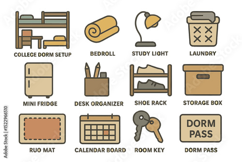Essential college dorm items: bedroll, study light, laundry basket, mini fridge, desk organizer
