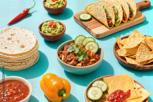 mexican food table concept traditional dishes chili con carne tacos tomato salsa corn chips guacamole comida mexicana concepto de mesa platos tradicionales chili con carne tacos tomate salsa maíz