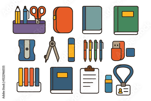 Colorful assortment of stationery items on vibrant yellow background