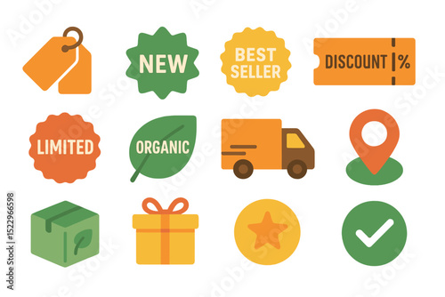 Vibrant shopping icons featuring discount, bestseller, limited edition, organic tags