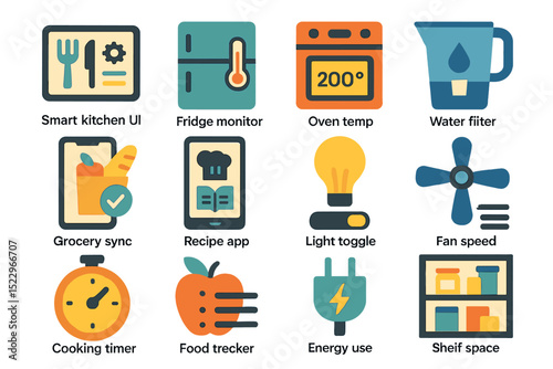 Smart kitchen icons: fridge monitor, oven temp, recipe app, energy use, cooking timer