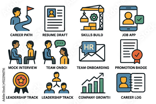 Career development icons for job pathways and skills enhancement